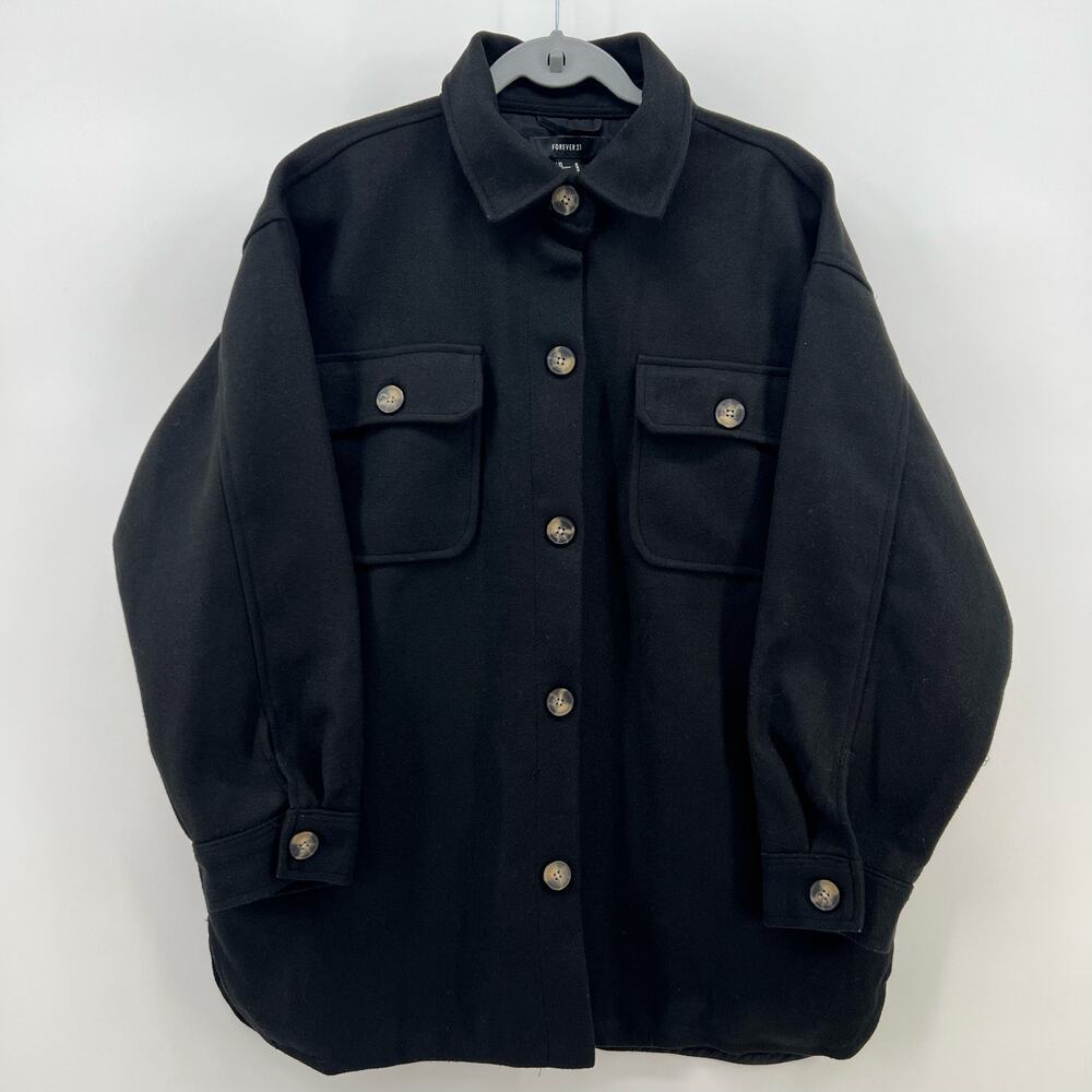 Forever 21 Black Oversized Shacket Preppy Longline Button Up Coat Jacket L XL